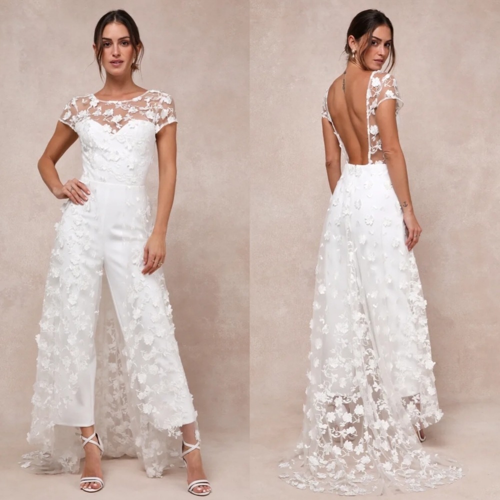 Lulus Sophisticated Passion White Floral Embroidered Overlay Jumpsuit M Wedding